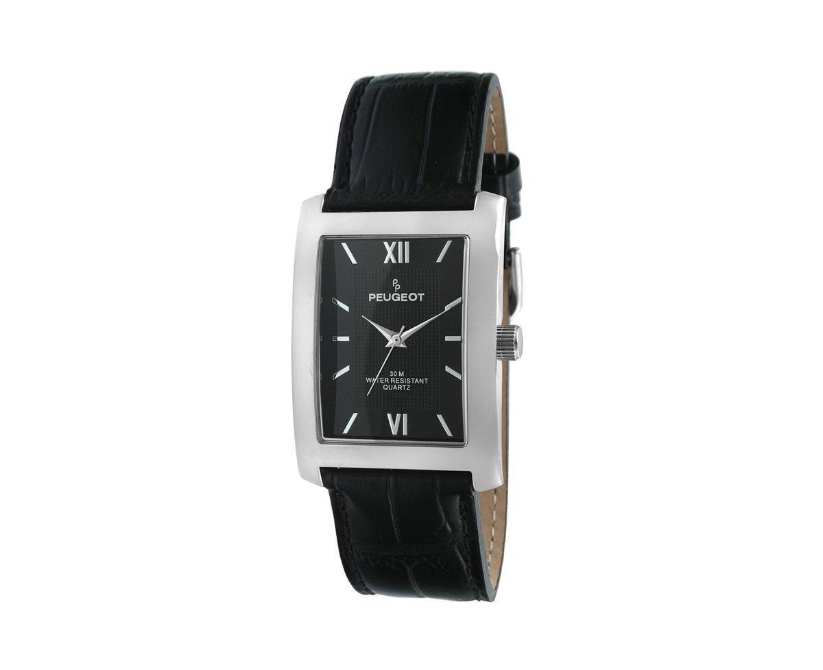 Peugeot Mens 30X40mm Silver Tank Shape Watch Dial and Black Leather Strap - Black Product Image