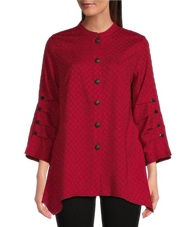 Calessa Textured Crinkle Banded Collar 3/4 Button Sleeve Tunic Top Product Image