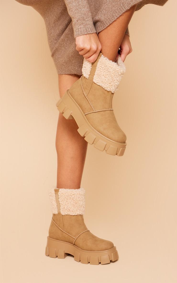 Camel Wide Fit Faux Suede Shearling Chunky Platform Ankle Boots product image