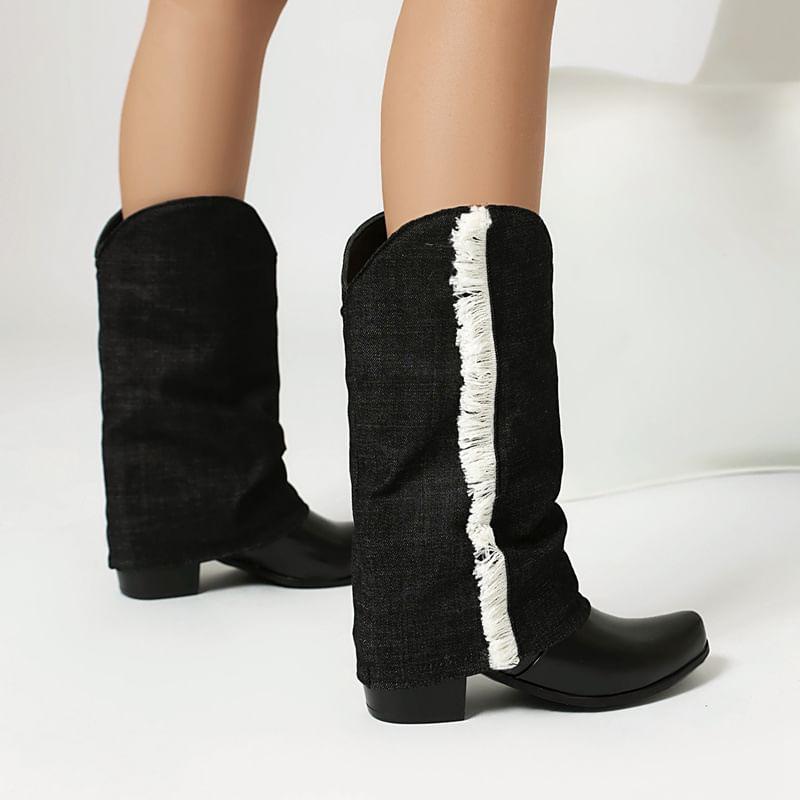 Chunky Heel Tasseled Denim Short Boots Product Image