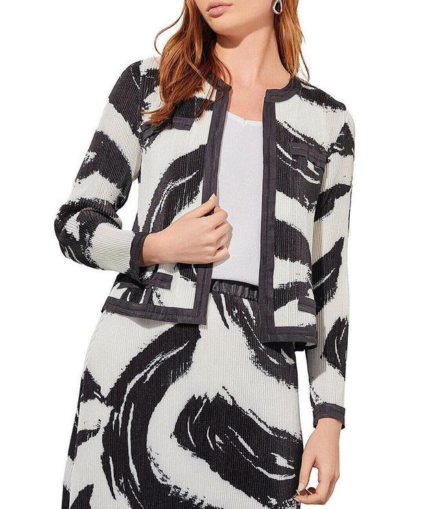 Ming Wang Crepe De Chine Abstract Brushstroke Print Round Neck Long Sleeve Contrast Trim Coordinating Jacket Product Image