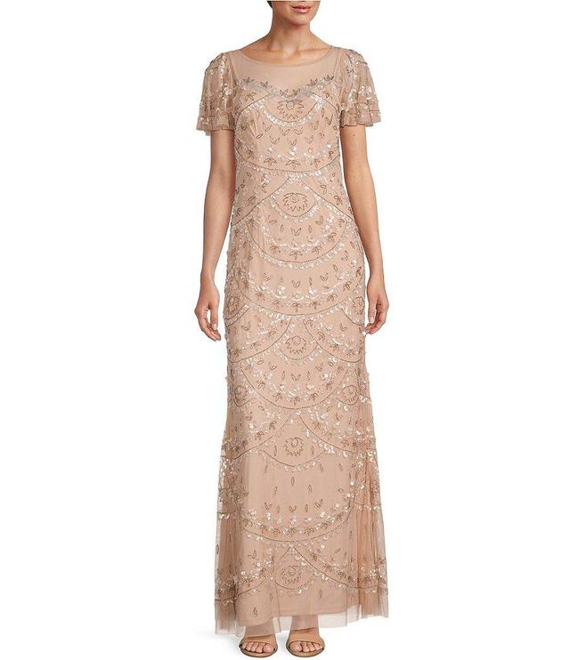 Adrianna Papell Beaded Boat Neck Short Flutter Sleeve A-Line Gown Product Image