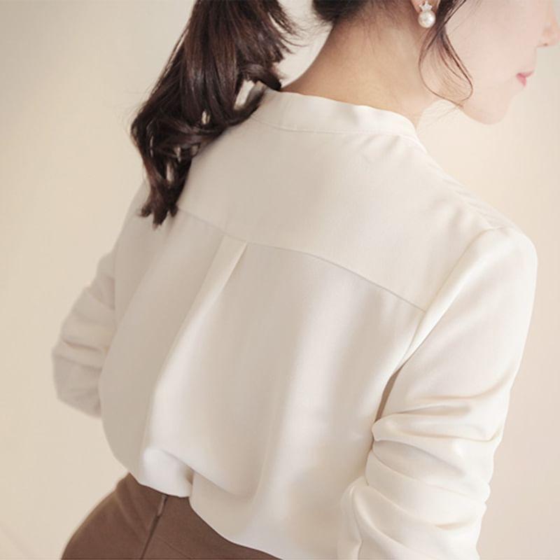 Long-Sleeve V-Neck Plain Blouse Product Image