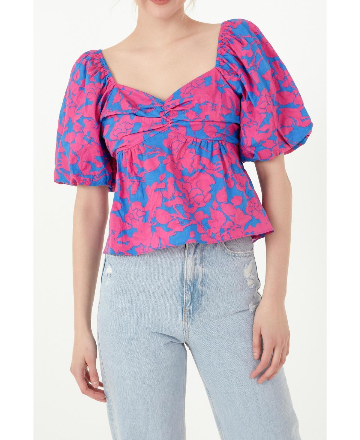 Free the Roses Floral Bow Back Puff Sleeve Blouse in Red/Pink at Nordstrom, Size X-Small Product Image