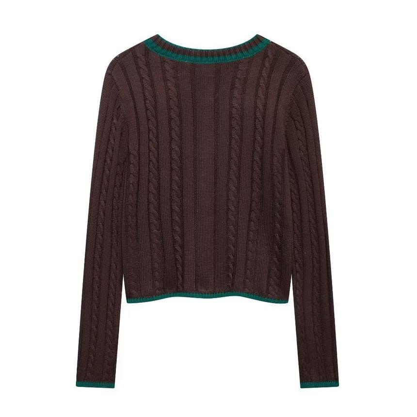 Long Sleeve V-Neck Contrast-Trim Cable-Knit Loose-Fit Sweater Product Image