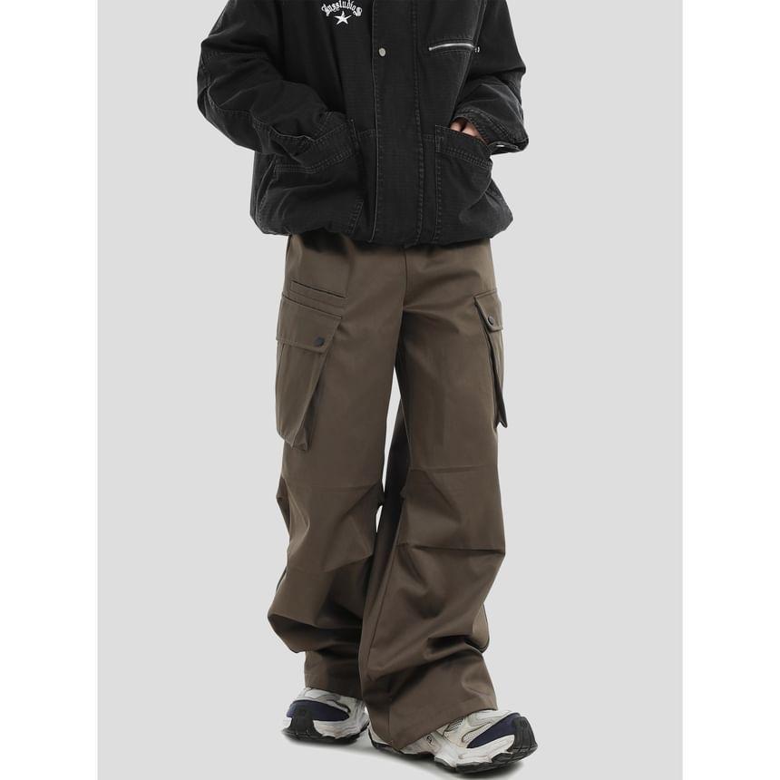 High Waist Plain Wide Leg Cargo Pants Product Image