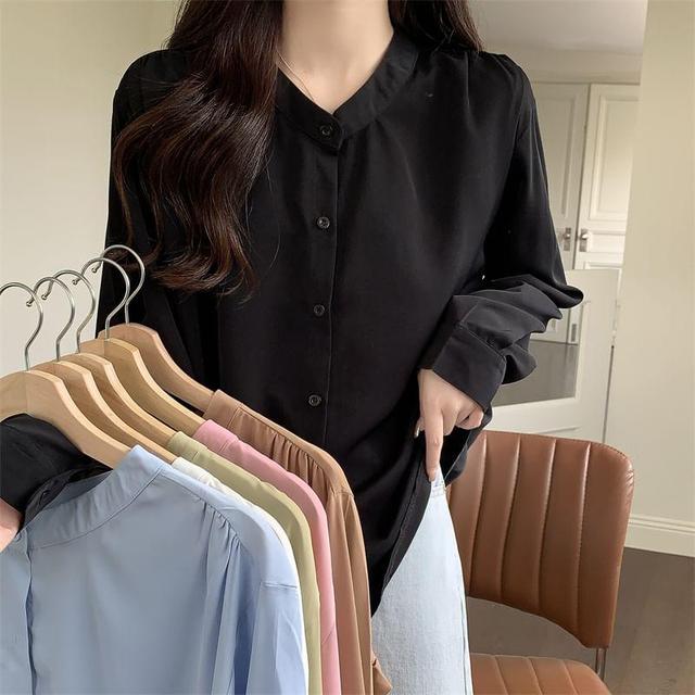 Long Sleeve Band Collar Plain Shirt Product Image