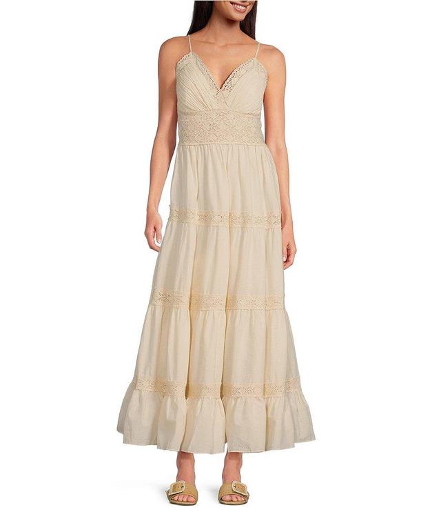 A Loves A Sleeveless V Neck A Line Lace Tiered Maxi Dress Product Image