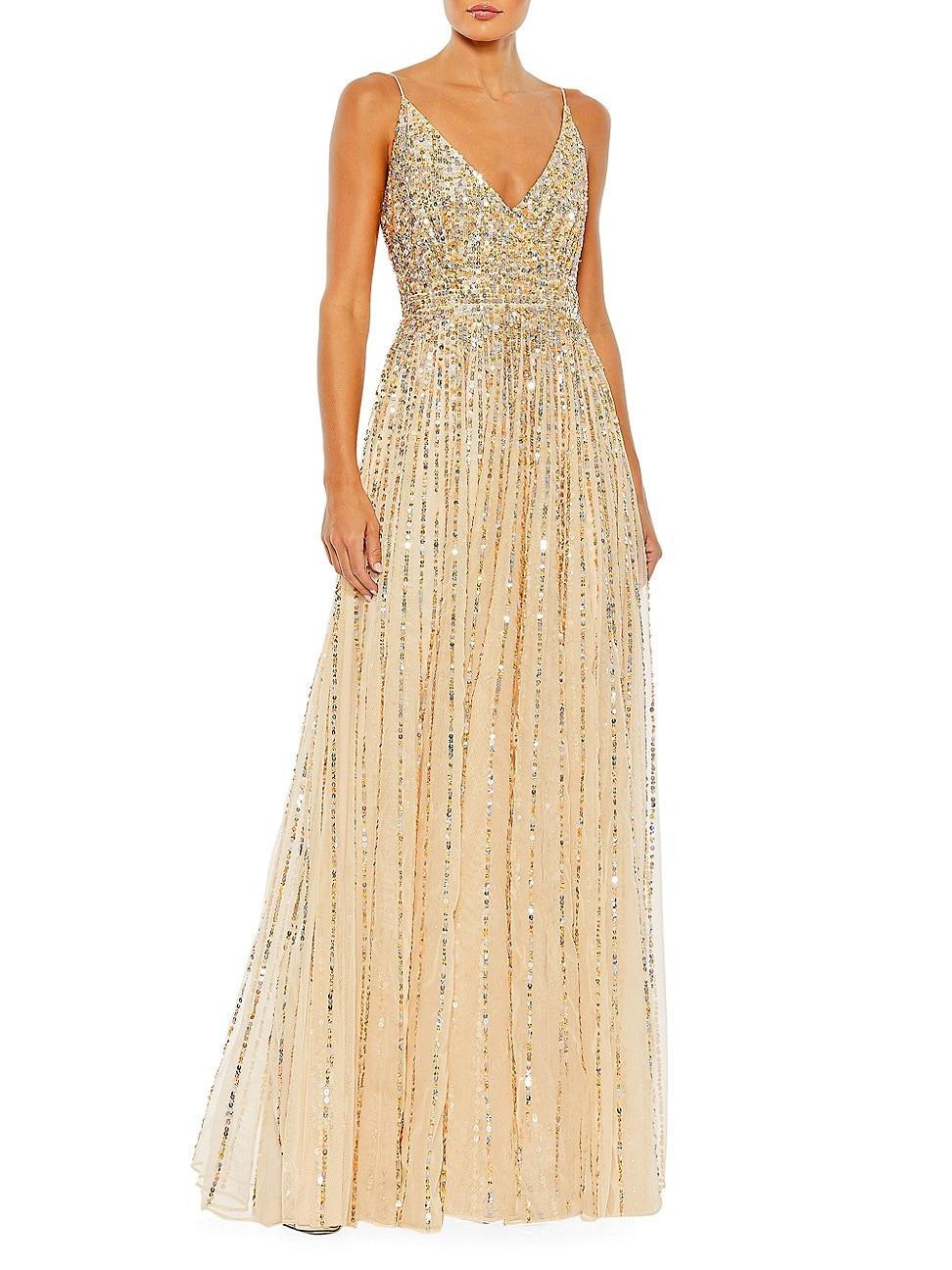 Womens Sequin Tulle V-Neck Gown Product Image