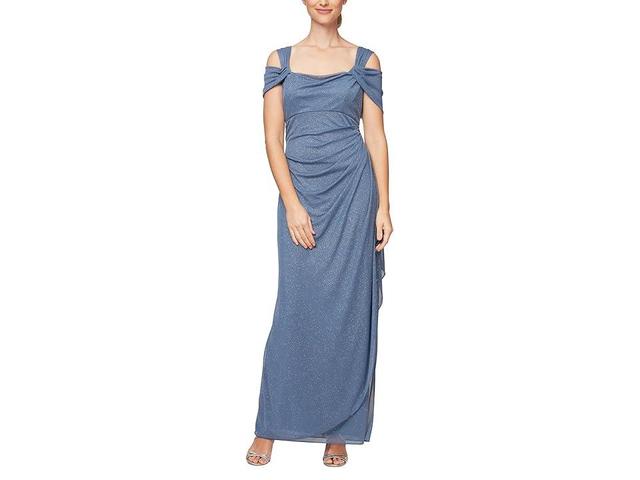 Alex Evenings Glitter Mesh Cowl Neck Cold Shoulder Cap Sleeve Side Slit Ruched Gown Product Image