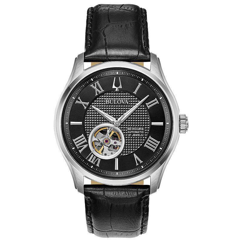 Bulova Mens Wilton Automatic Black Leather Watch - 96A217 Product Image