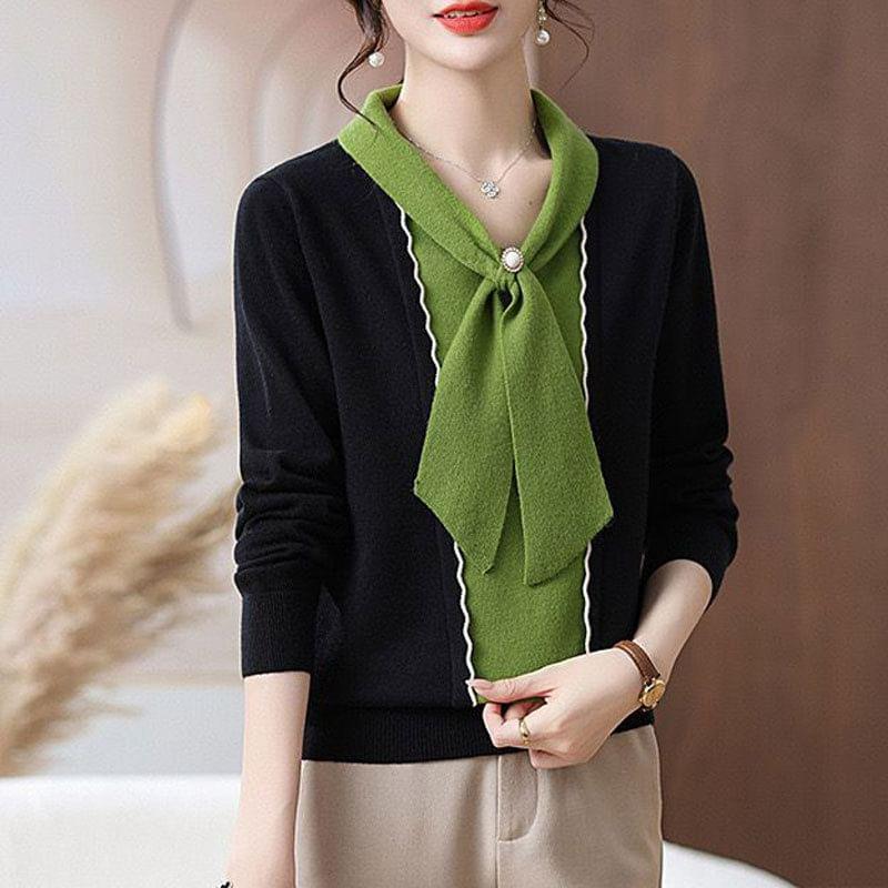 Long-Sleeve Tie Neck Two Tone Knit Top Product Image