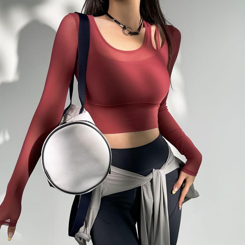 Mock Two-Piece Long-Sleeve Scoop Neck Plain Cutout Mesh Crop Sports T-Shirt Product Image