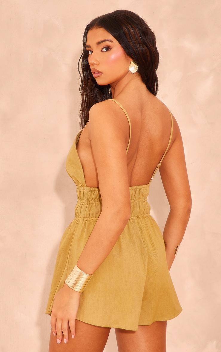 Khaki Linen Look Halter Neck Strappy Romper Product Image