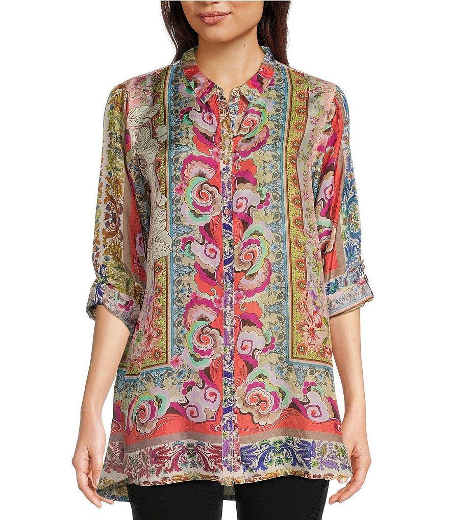 JOHNNY WAS Modey Delia Mixed Print Long Sleeve Button-Front Silk Tunic Product Image