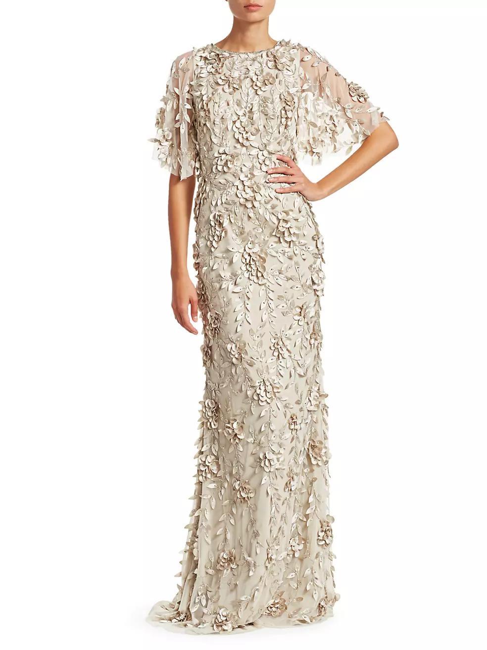 Embellished Flutter-Sleeve Tulle Gown Product Image