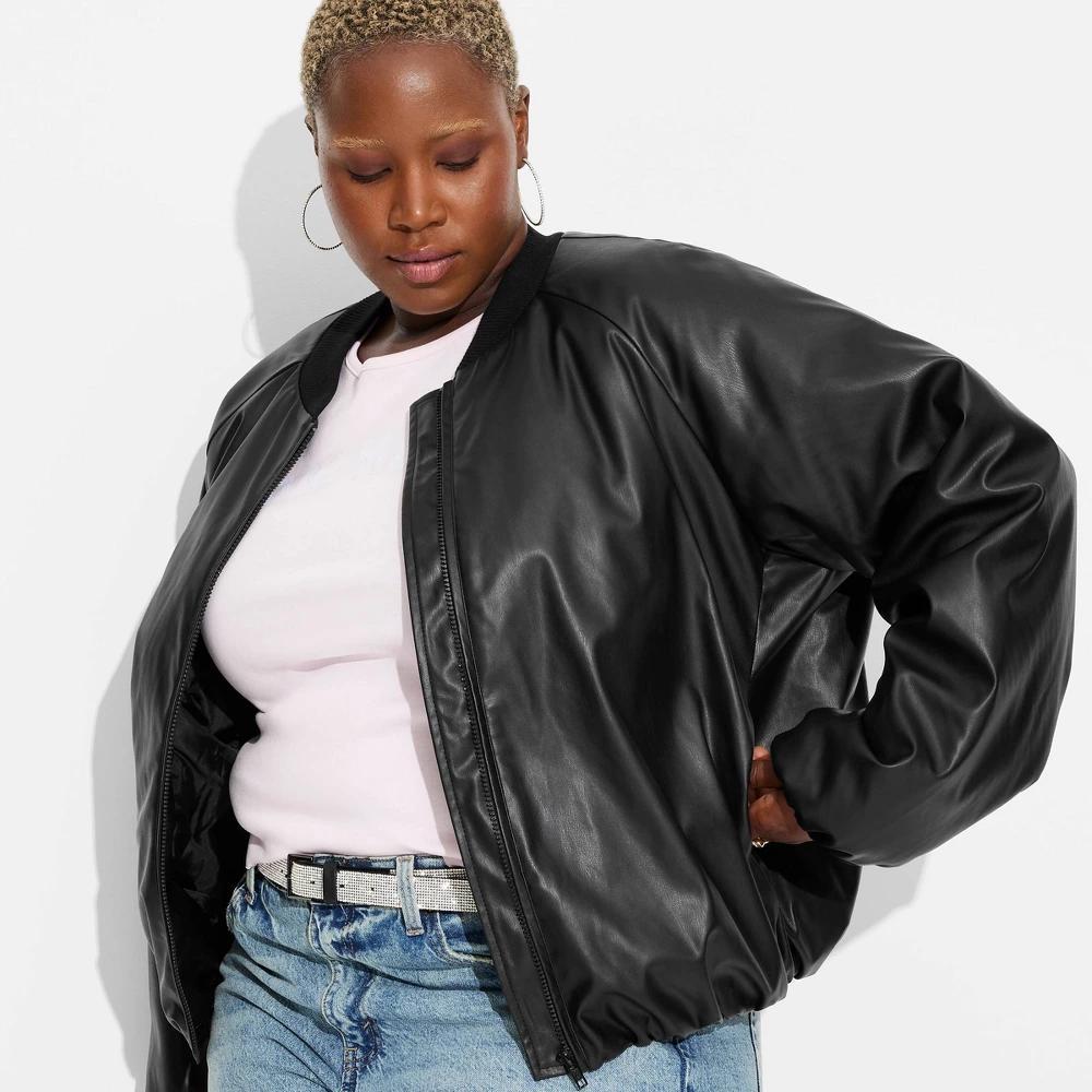 Womens Faux Leather Bomber Jacket - Wild Fable Black Product Image