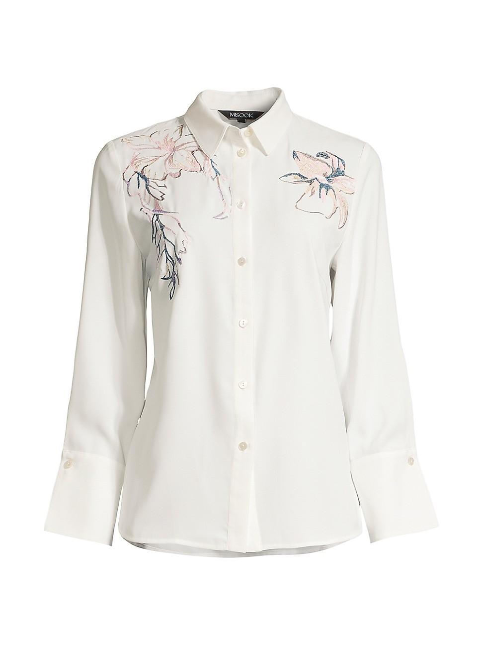 Misook Crepe De Chine Button-Front Blouse with Floral Embroidery - Size: X-SMALL - WHITE/ROSE PETAL/ Product Image