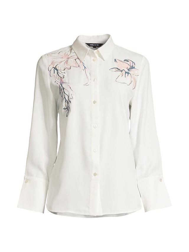 Crepe De Chine Button-Front Blouse with Floral Embroidery Product Image