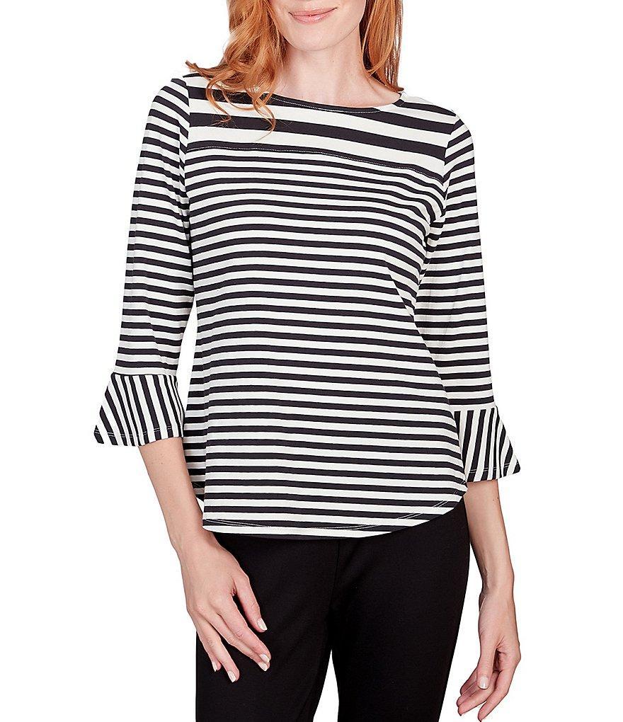 Ruby Rd. Yarn Dye Stripe Knit Round Neck 3/4 Flounce Sleeve Top Product Image