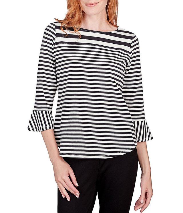 Ruby Rd. Yarn Dye Stripe Knit Round Neck 3/4 Flounce Sleeve Top Product Image