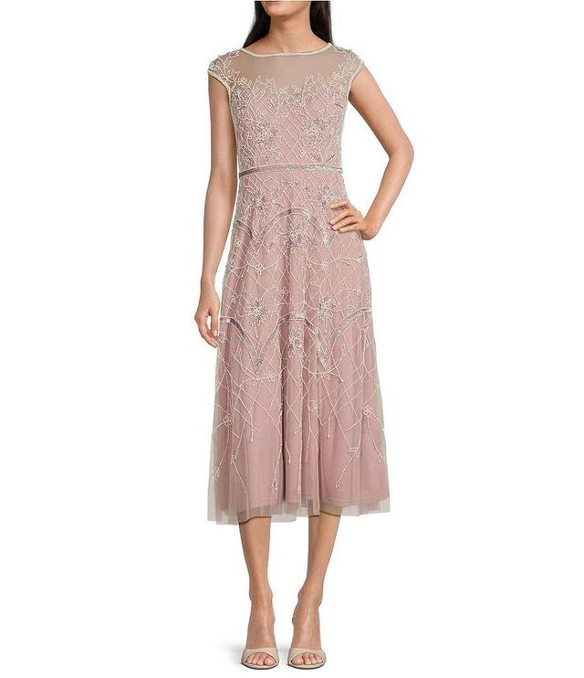 Adrianna Papell Petite Size Crew Neck Cap Sleeve Beaded A-Line Midi Dress Product Image