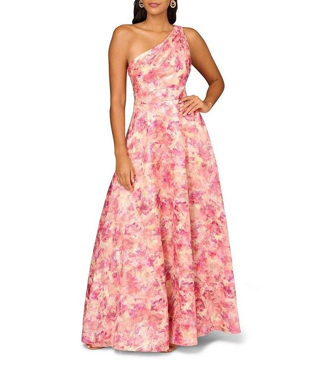 Aidan Mattox Floral Printed Metallic Jacquard One Shoulder Ball Gown Product Image