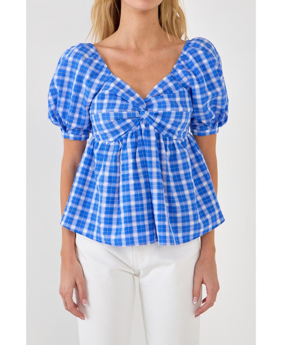 English Factory Womens Gingham Twisted Puff Sleeve Top product image