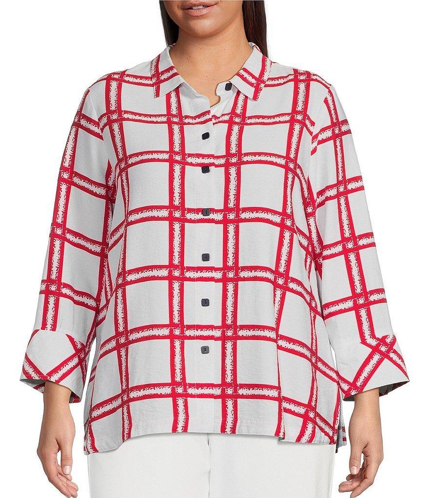 Ali Miles Plus Size Printed Stripes Woven Point Collar Neck 3/4 Sleeve Button Front Tunic Product Image