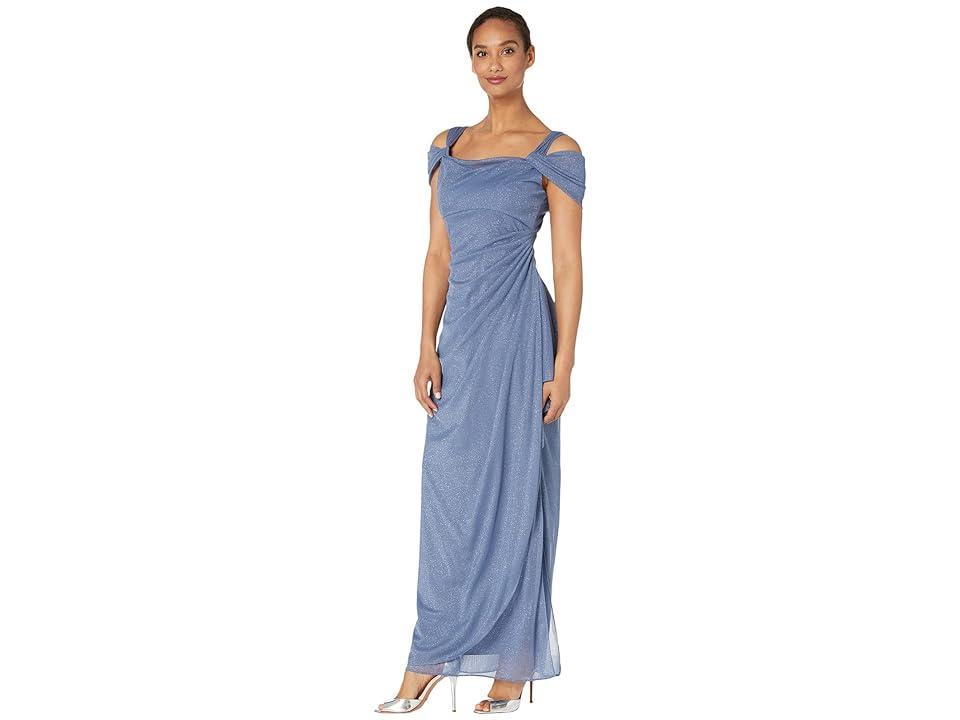 Alex Evenings Glitter Mesh Cowl Neck Cold Shoulder Cap Sleeve Side Slit Ruched Gown Product Image