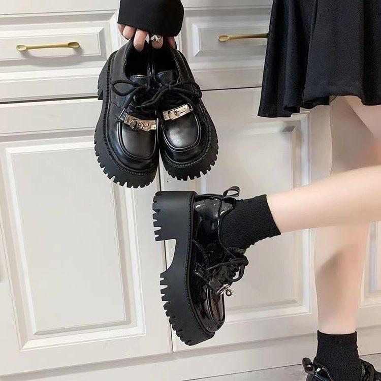 Platform Buckled Patent Leather Lace Up Shoes Product Image