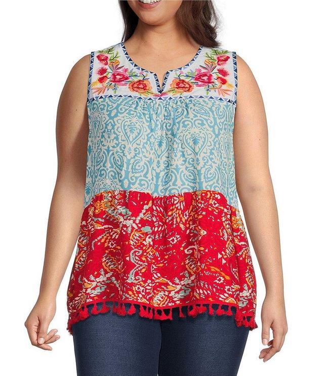 Calessa Plus Size Patchwork Peasant Split V Neck Sleeveless Blouse Product Image