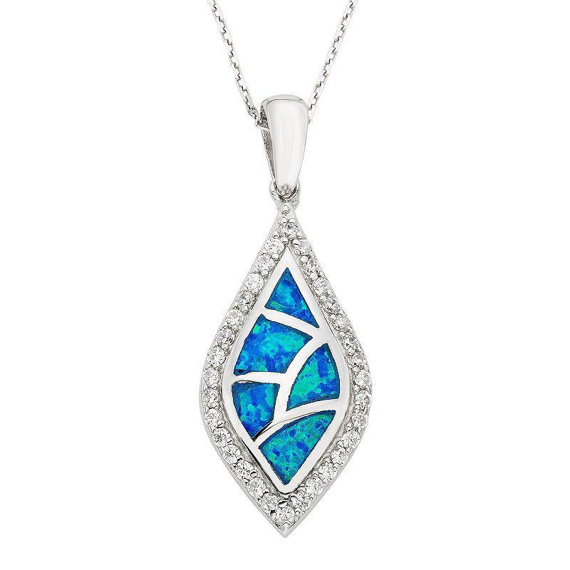 Lab-Created Blue Opal & Cubic Zirconia Sterling Silver Mosaic Marquise Pendant Necklace, Womens Product Image