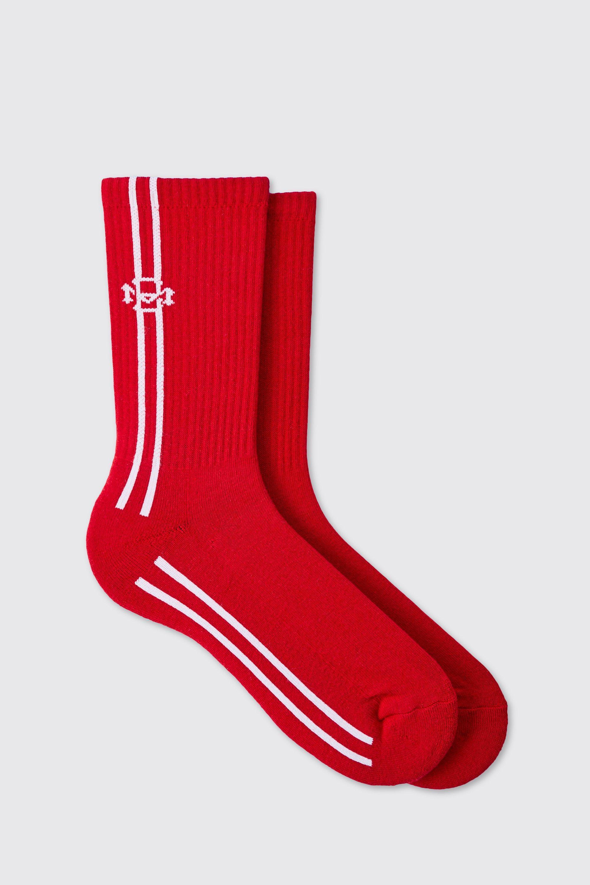 Jacquard BM Sports Stripe Sock In Red | boohooMAN USA Product Image