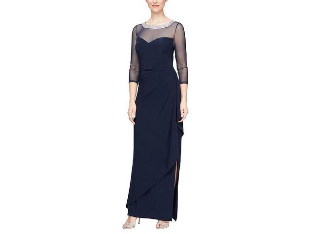 Alex Evenings Long Illusion 3/4'' Sleeve Side Ruched Dress w/ Embellished Neckline Women's Dress Product Image