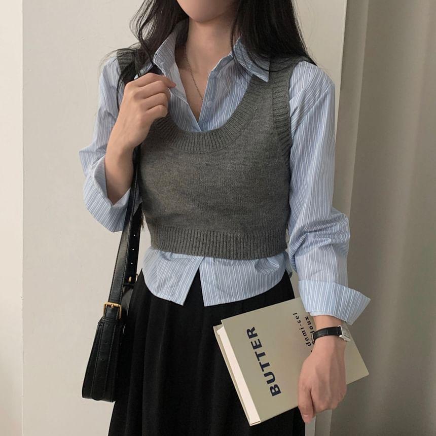 Striped Shirt / Plain Cropped Sweater Vest Product Image