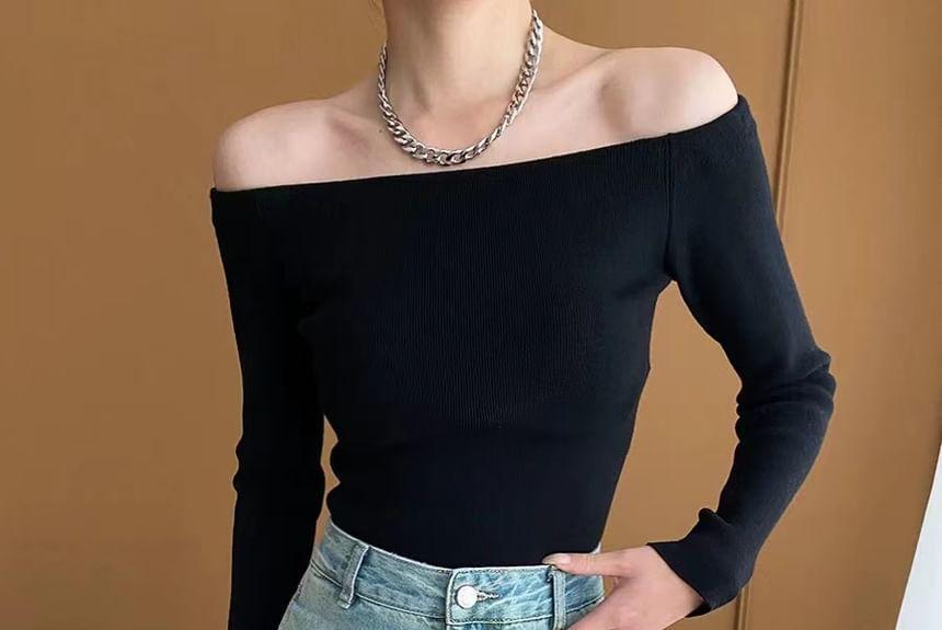 Off-Shoulder Plain Sweater Product Image