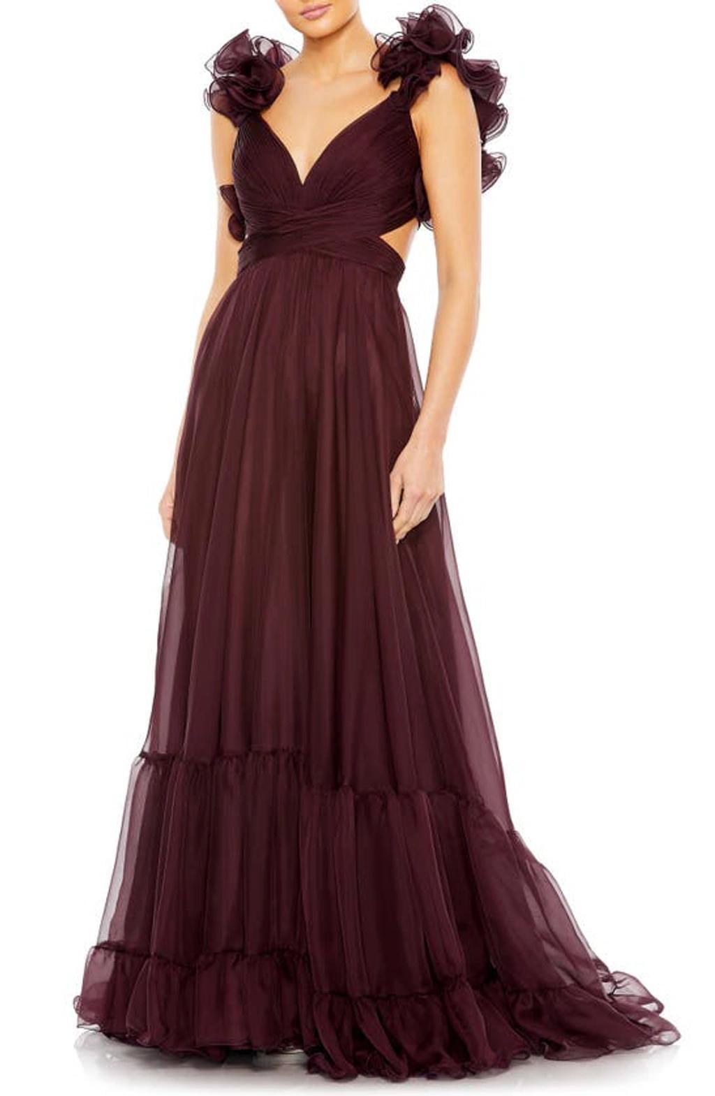 Rosette Chiffon Cutout Empire Waist Gown In Chocolate Product Image