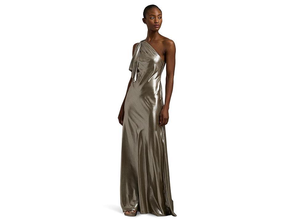 LAUREN Ralph Lauren Metallic Chiffon One-Shoulder Gown (Medium Pewter Foil) Women's Dress Product Image