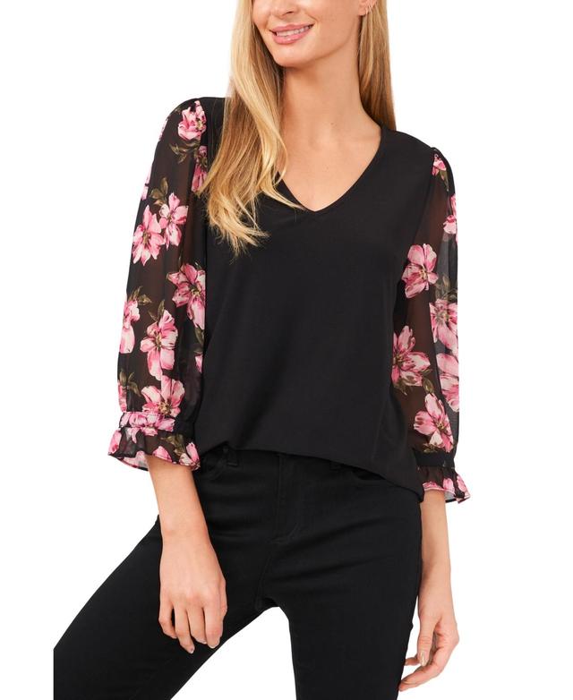 Cece Women's V-Neck Floral Mixed Media Blouse, Black, Xsmall Product Image