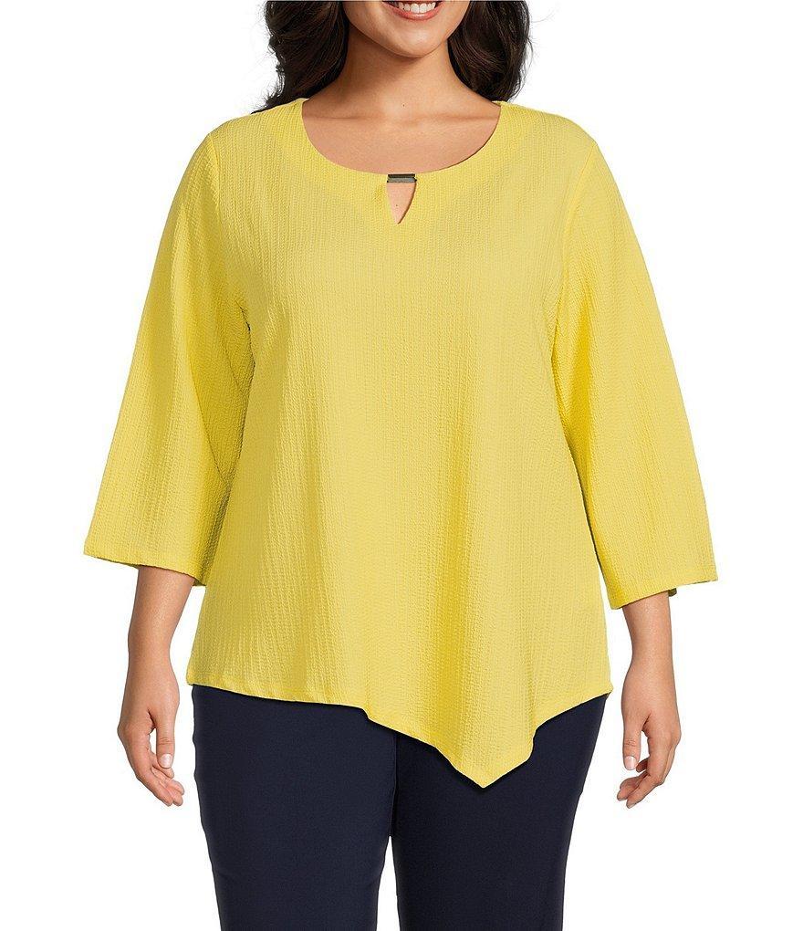 Allison Daley Plus Size 3/4 Sleeve Keyhole Neck Asymmetric Hem Crinkle Knit Top Product Image