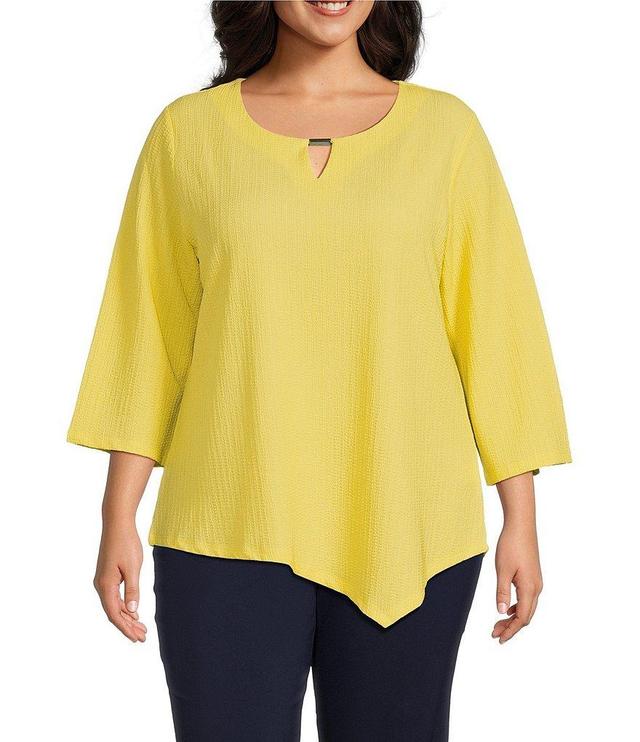 Allison Daley Plus Size 3/4 Sleeve Keyhole Neck Asymmetric Hem Crinkle Knit Top Product Image