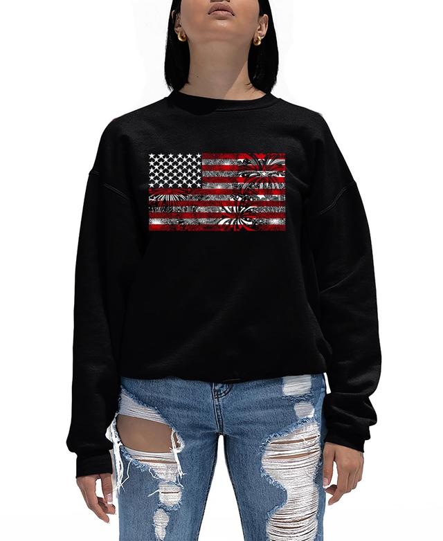 La Pop Art Womens Fireworks American Flag Word Art Crewneck Sweatshirt Product Image