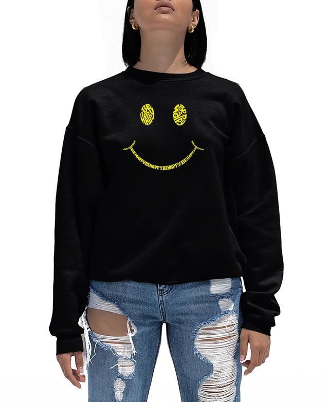 La Pop Art Womens Be Happy Smiley Face Word Art Crewneck Sweatshirt Product Image