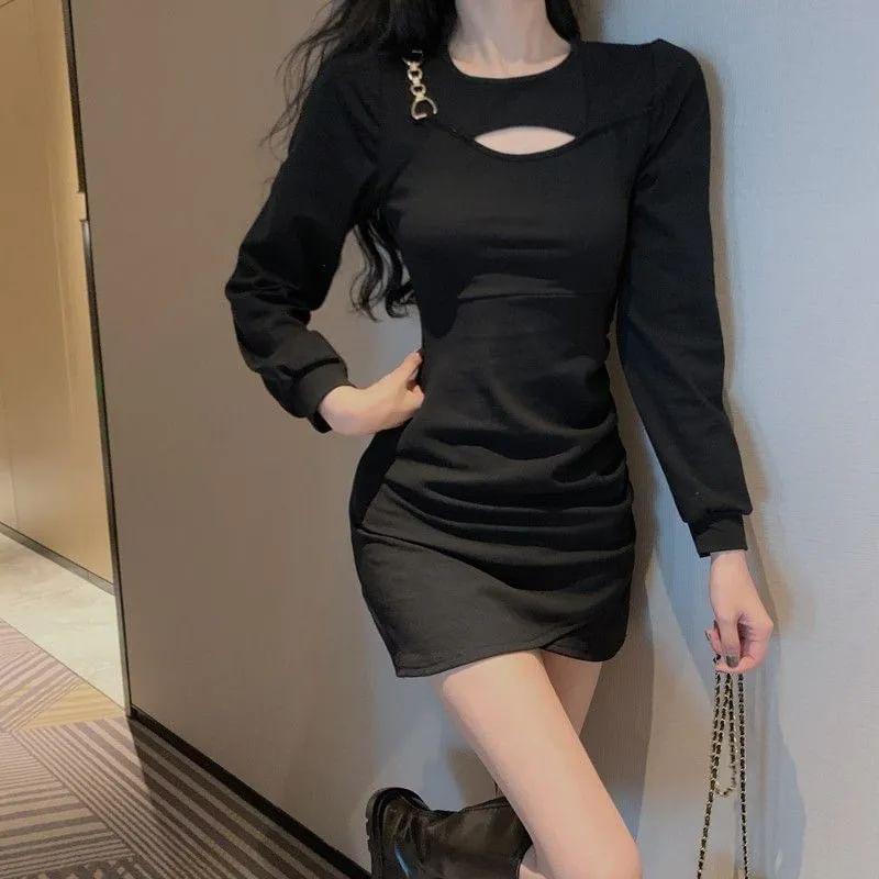 Long-Sleeve Crew Neck Plain Cutout Asymmetrical Mini Sheath Dress Product Image