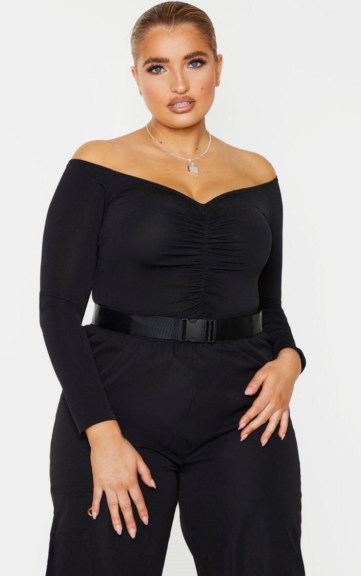 Plus Black Slinky Ruched Front Long Sleeve Crop Top Product Image