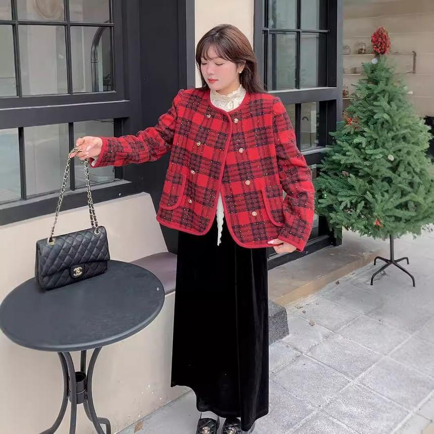 Plus Size Plaid Double-Breasted Jacket Product Image