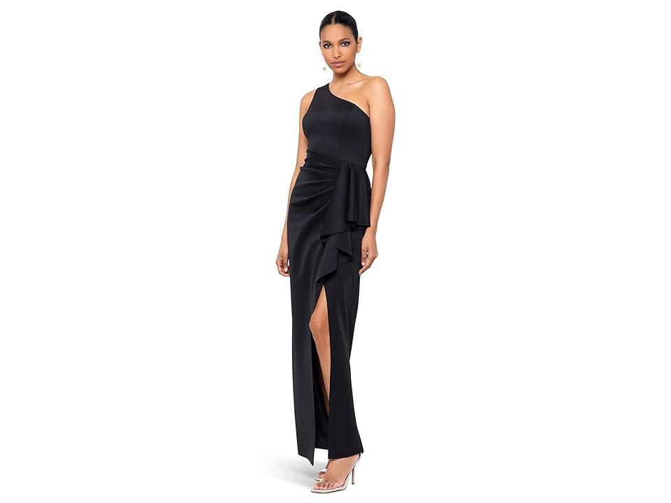 XSCAPE Long Scuba One Shoulder Ruffle Women's Dress Product Image