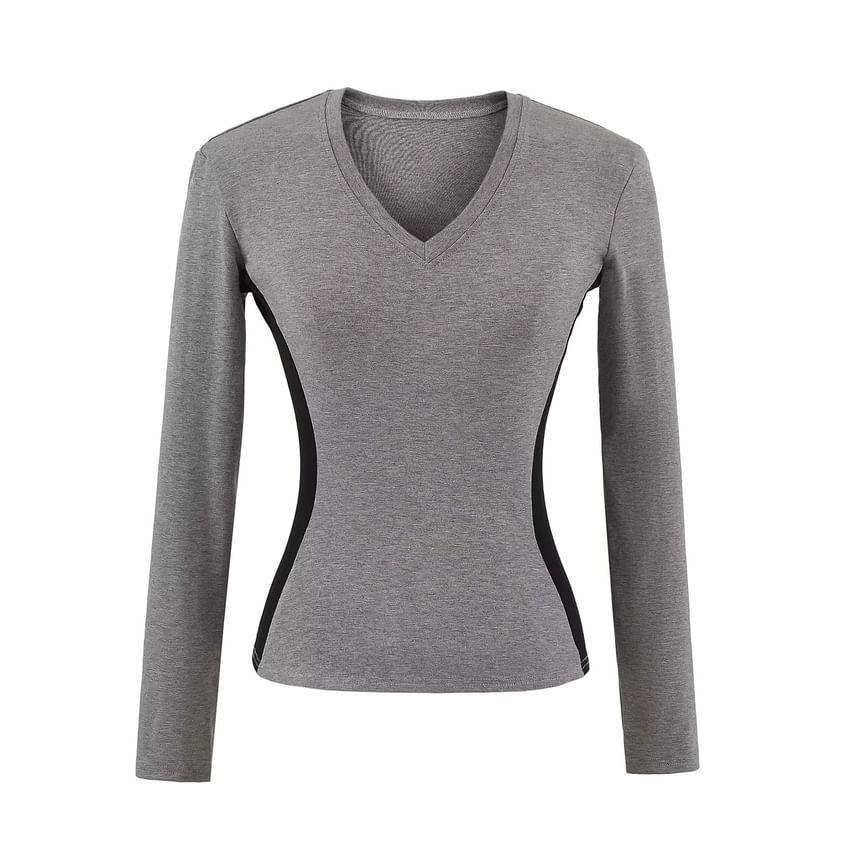 Long-Sleeve V-Neck Plain Crop Top Product Image