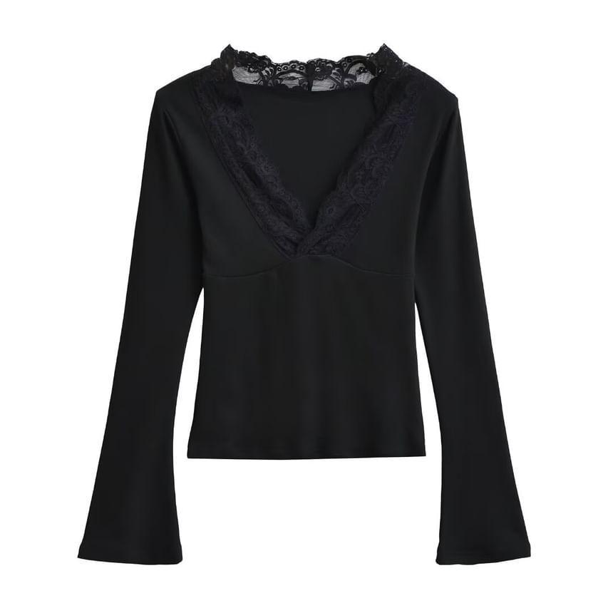 Long-Sleeve V-Neck Lace Trim Plain Top Product Image